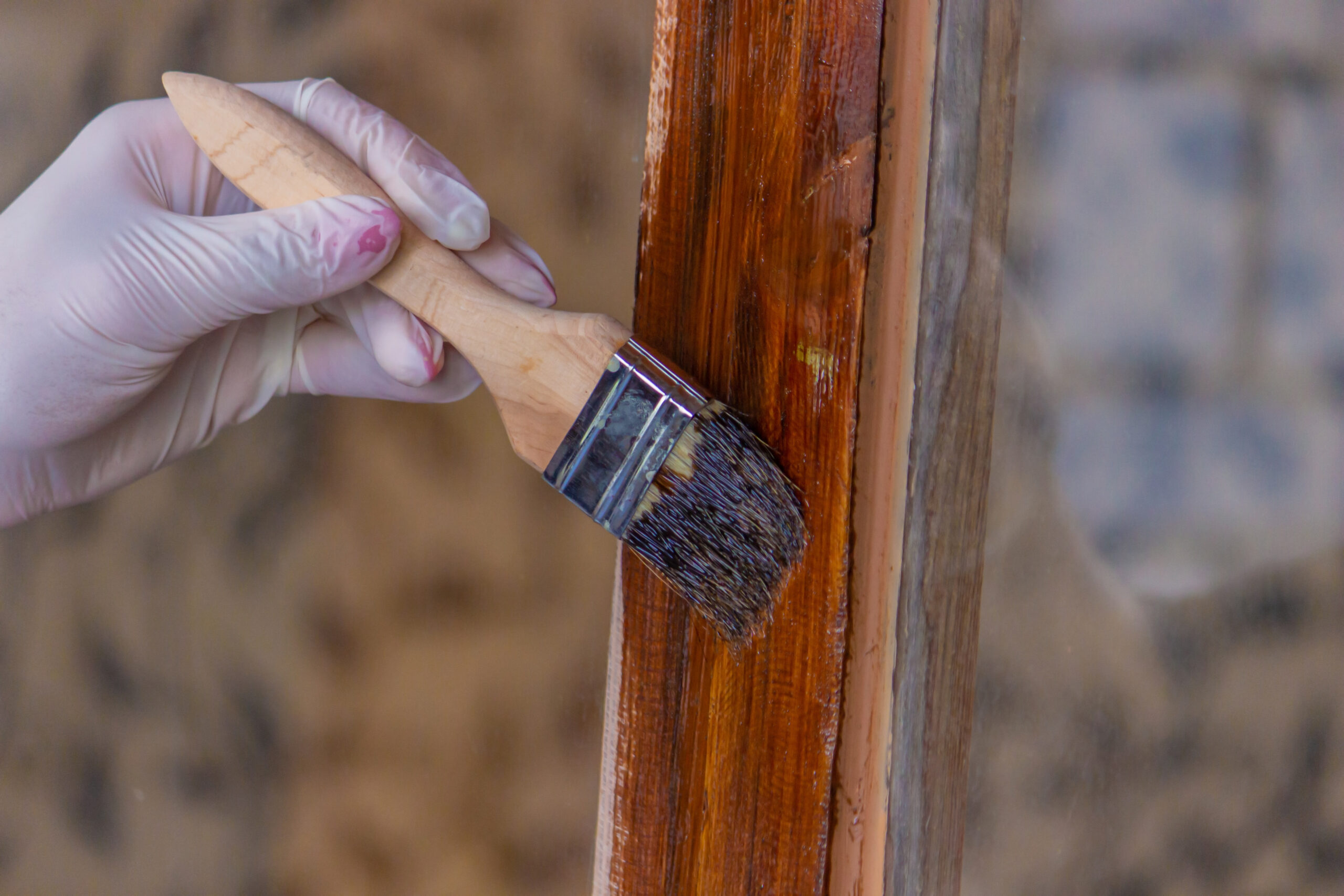 a hand holds a brush, applying varnish paint on a board – painting and caring for a tree.