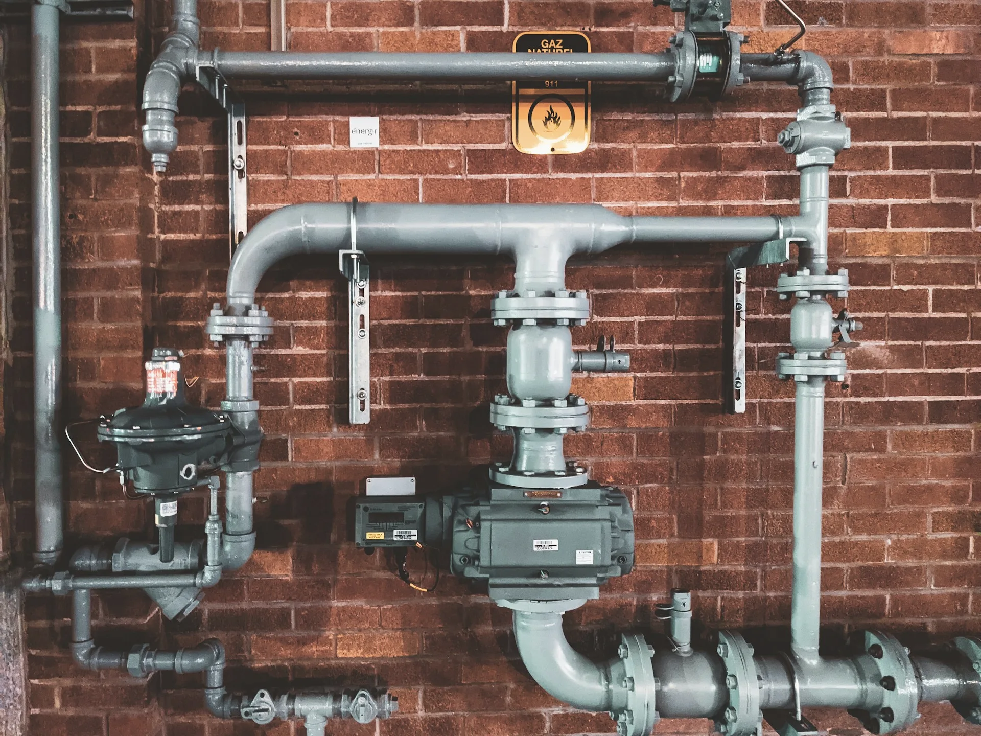 Industry context: Metal pipe fittings and valves mounted against a brick wall.