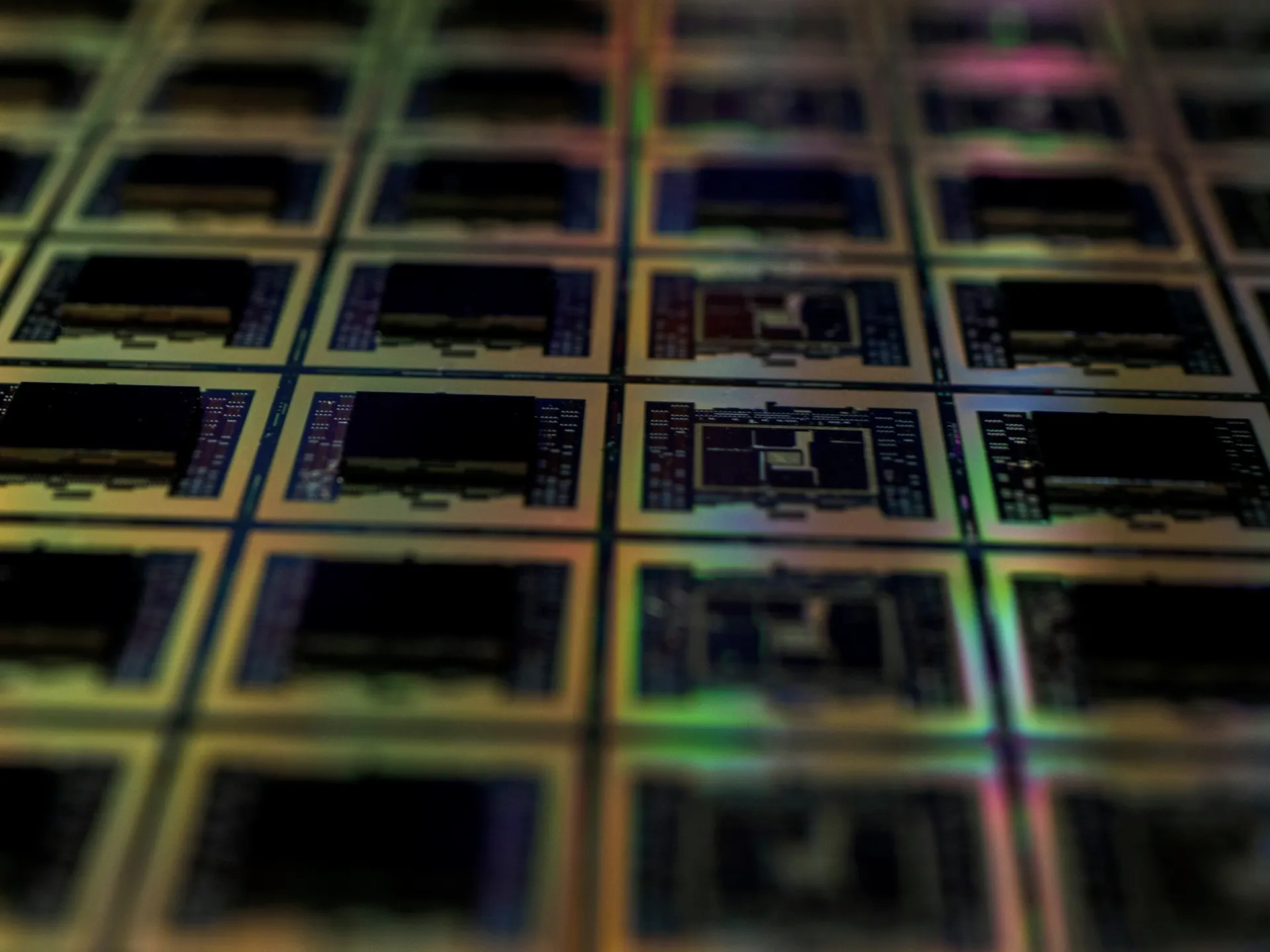 Industry context: Repeated circuit dies on a silicon wafer.